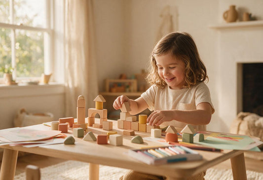 Enfant de 5 ans jouant avec des blocs de construction en bois et du matériel créatif, loin des écrans