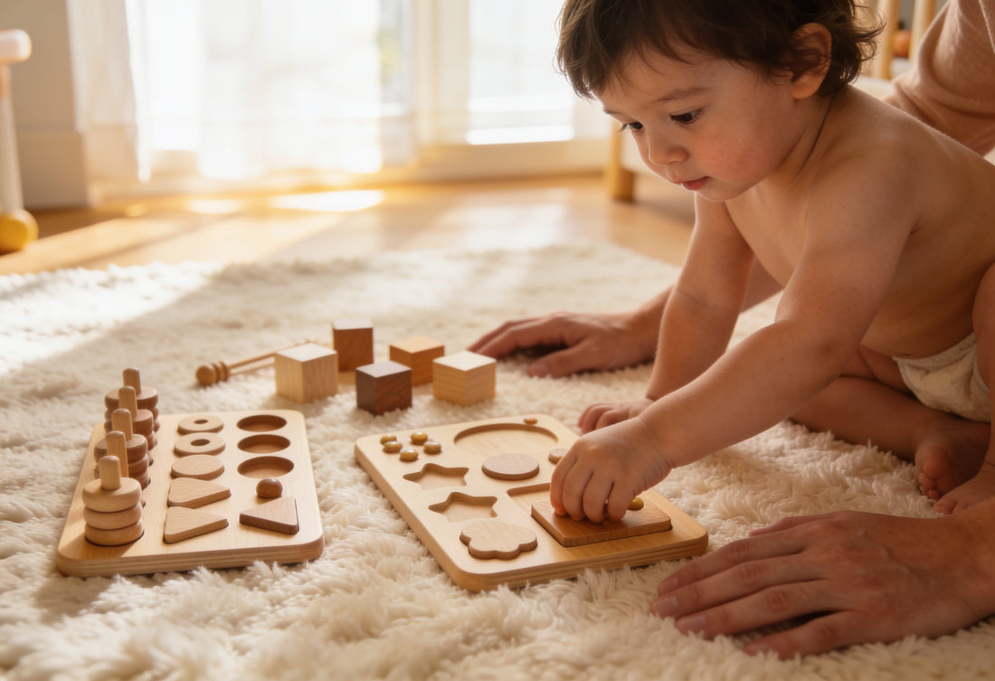 Enfant de 2 ans jouant avec des jouets Montessori en bois, loin des écrans