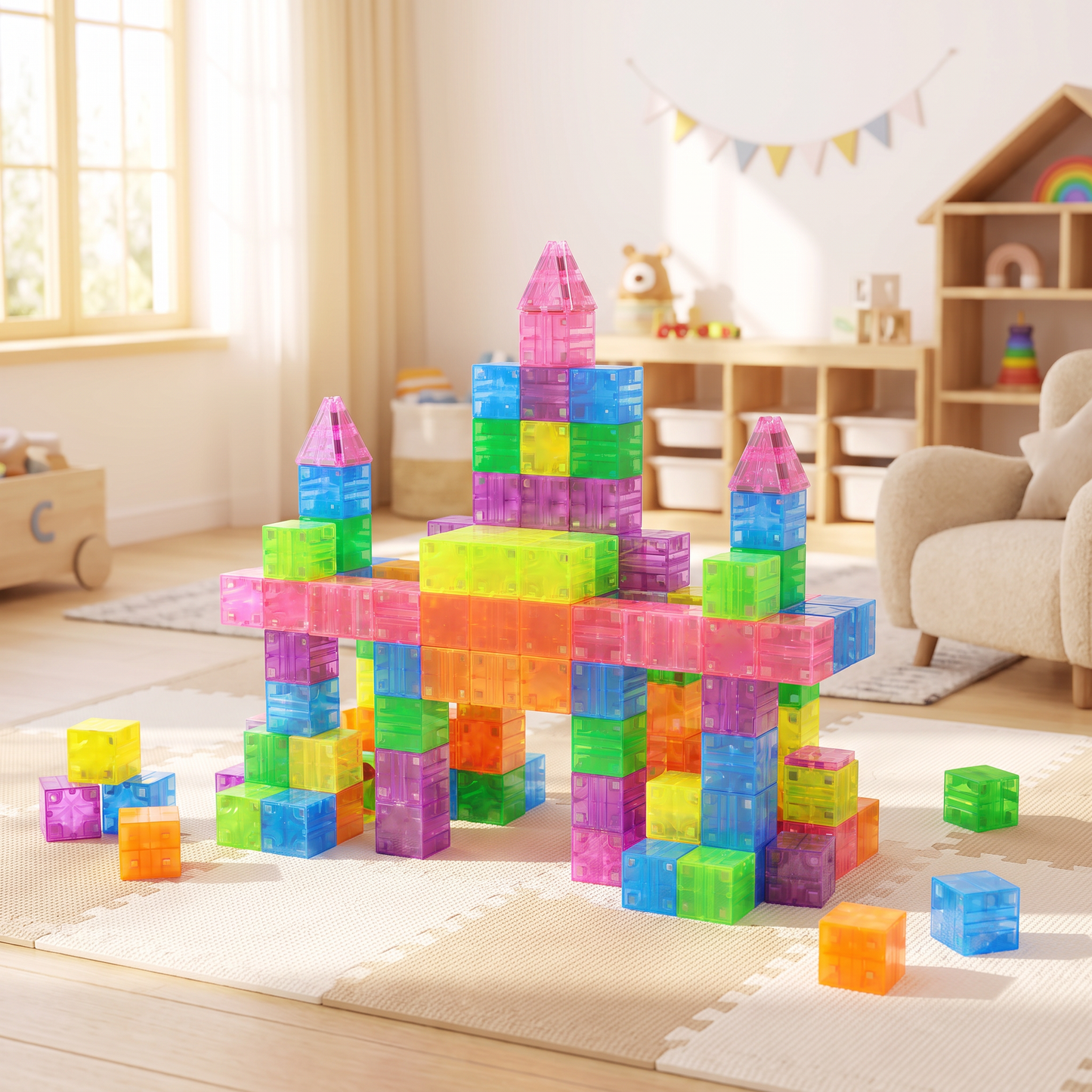Château en cubes magnétiques translucides sur un tapis de jeu