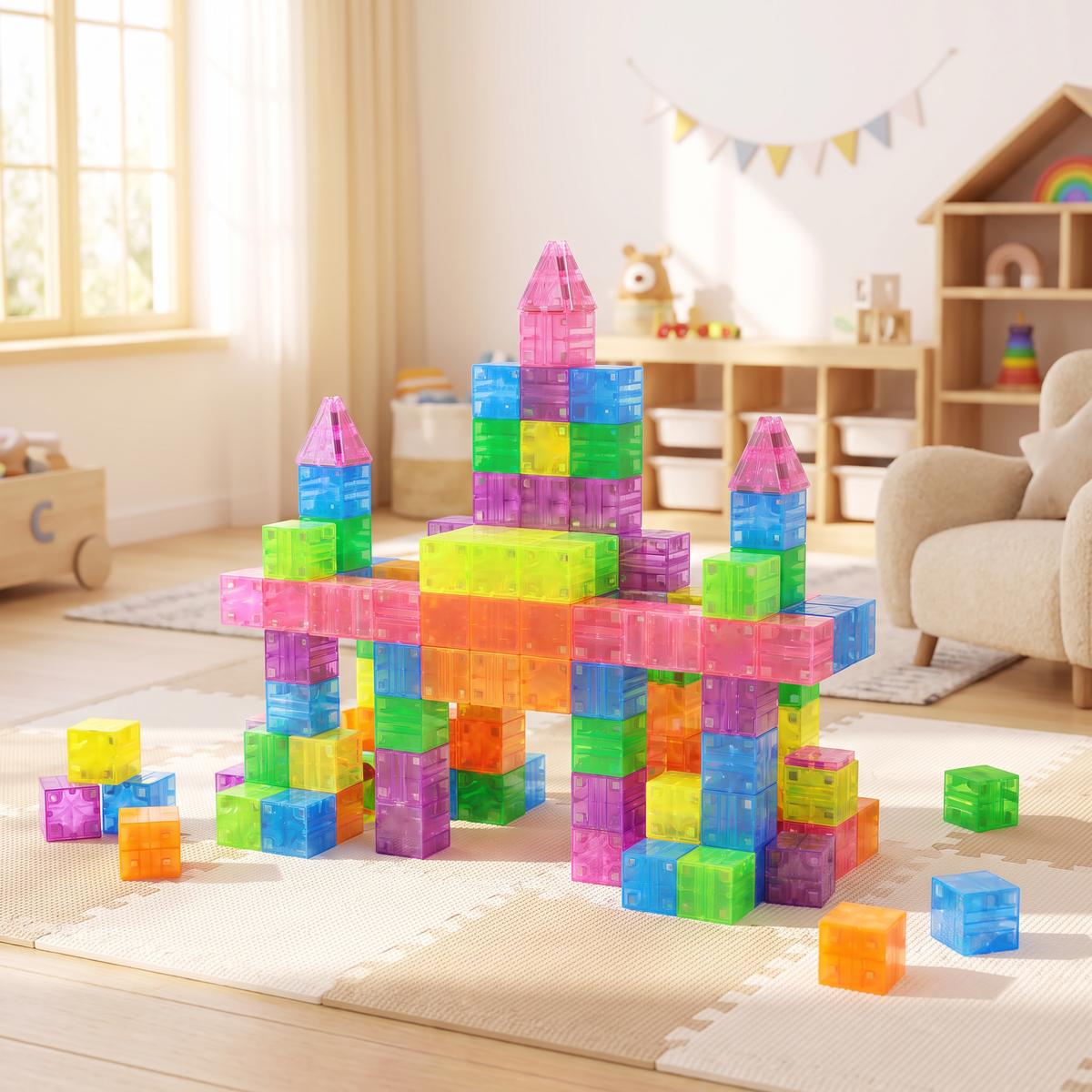 Château en cubes magnétiques translucides sur un tapis de jeu