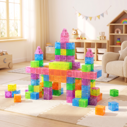 Château en cubes magnétiques translucides sur un tapis de jeu