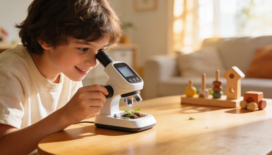Enfant qui explore au microscope Les Petiots, loin des écrans