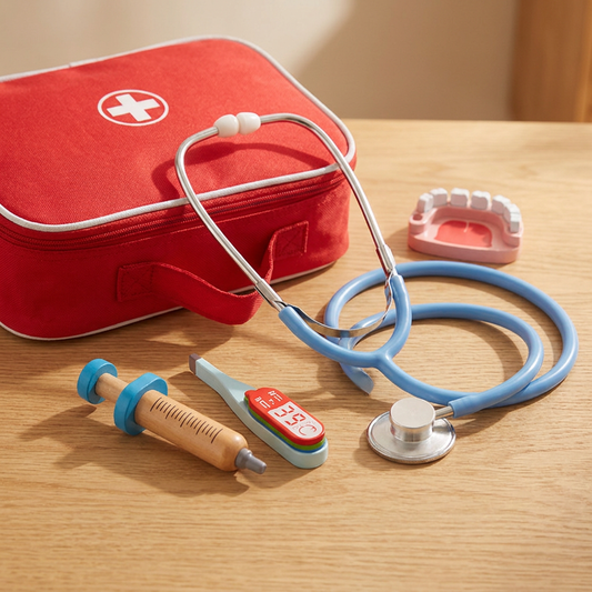Coffret docteur en bois ouvert sur une table