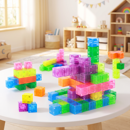 Cubes magnétiques translucides assemblés sur une table dans une chambre d'enfant