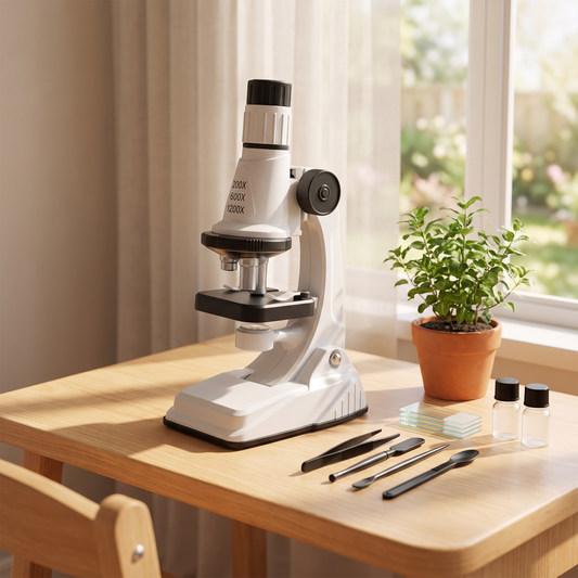 Microscope enfant blanc sur un bureau près de la fenêtre