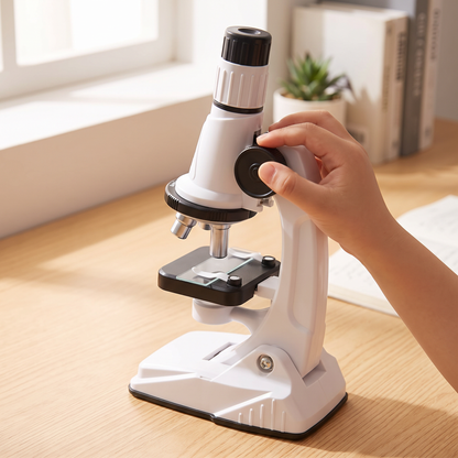 Enfant règle la mise au point du microscope blanc