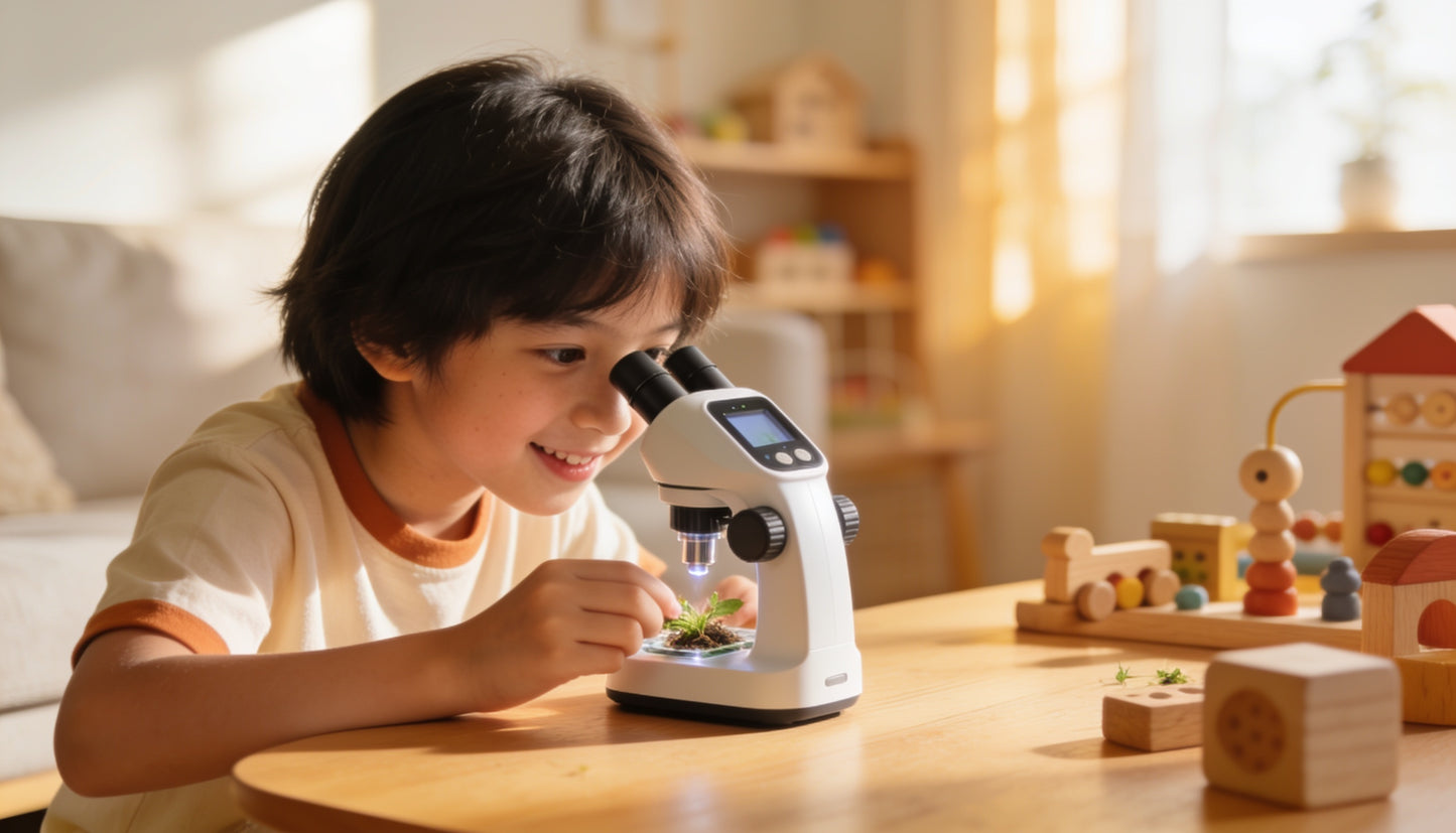 Enfant émerveillé observant une plante au microscope Les Petiots