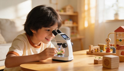 Enfant émerveillé observant une plante au microscope Les Petiots