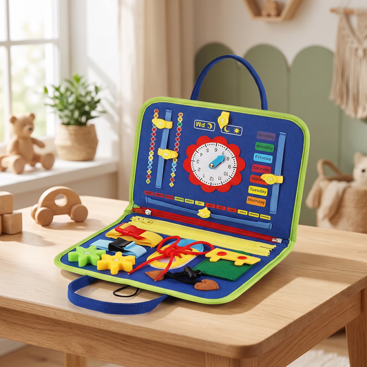 Sac d'éveil navy ouvert sur une table en bois, chambre chaleureuse