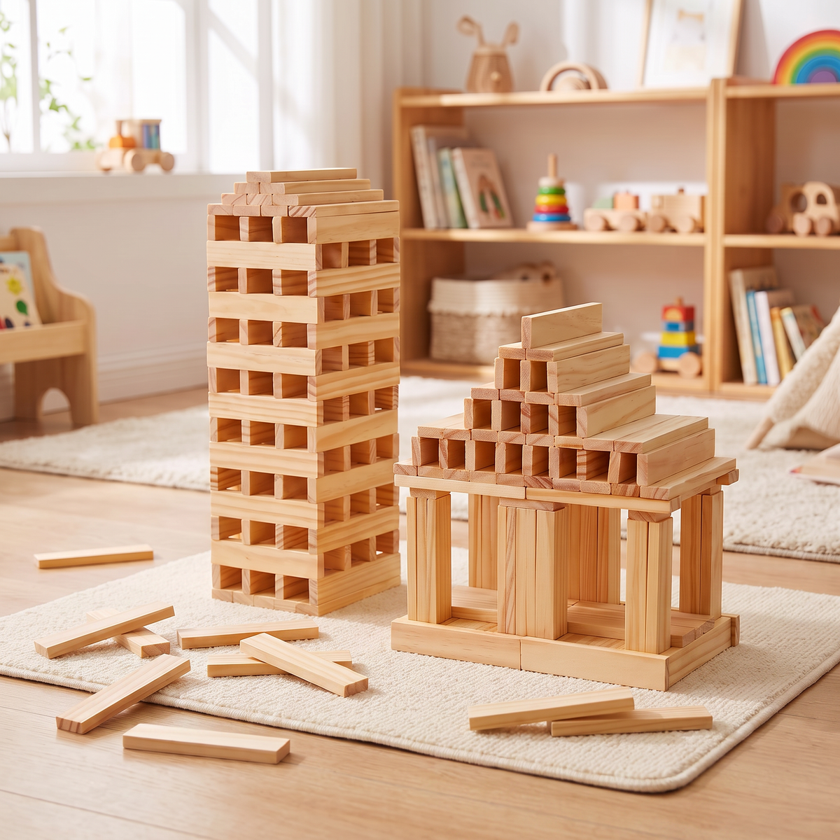 Château en planches de bois naturel dans une chambre d'enfant