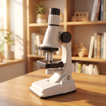 Microscope enfant blanc de trois quarts sur un bureau en bois
