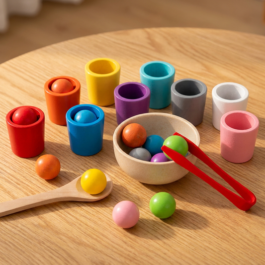 Jeu de tri des couleurs, gobelets et pince, sur une table