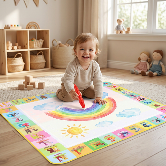 Enfant qui dessine sur le tapis magique à l'eau