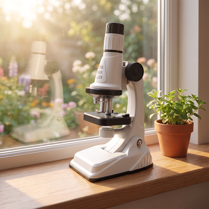 Microscope enfant blanc sur un rebord de fenêtre avec une plante