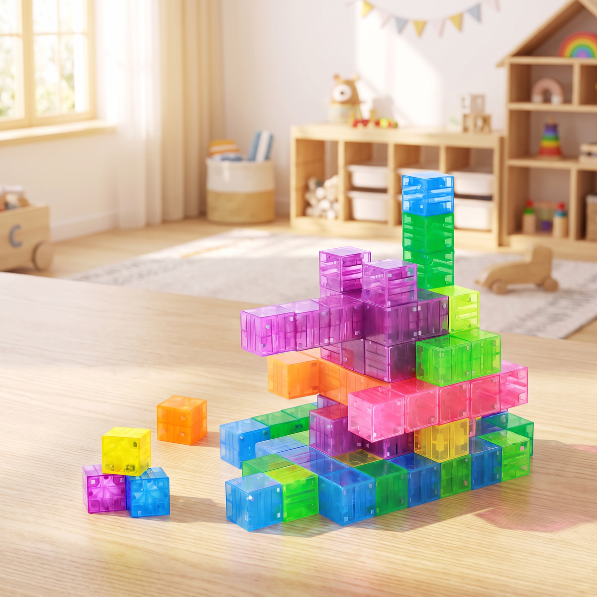 Gros plan sur des cubes magnétiques translucides à la lumière