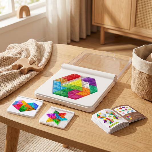 Puzzle logique tangram avec cartes défis, sur une table