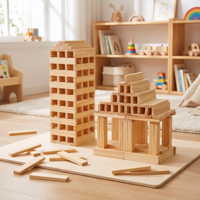 Constructions en bois naturel (tour et temple) sur un tapis de jeu dans une chambre d'enfant