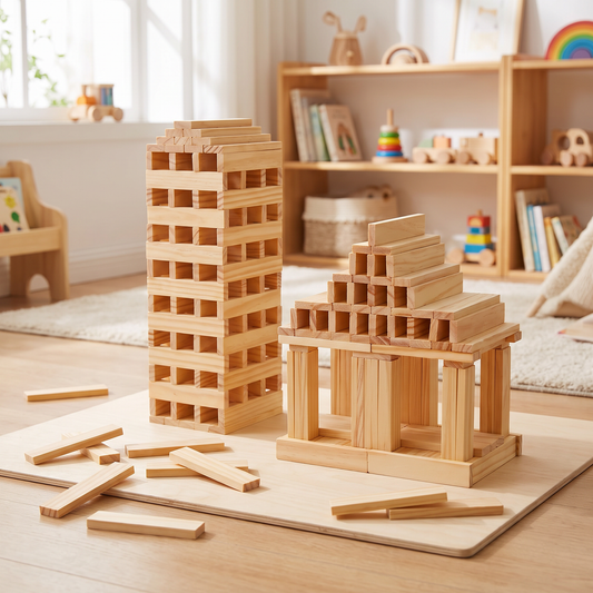 Constructions en bois naturel (tour et temple) sur un tapis de jeu dans une chambre d'enfant