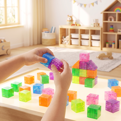 Enfant assemble deux cubes magnétiques translucides