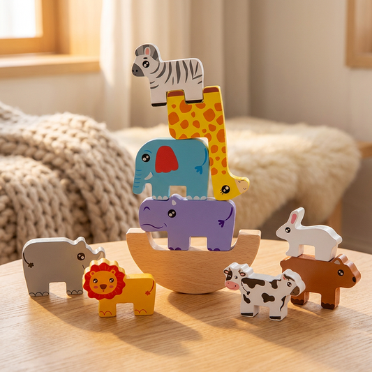 Jeu d'équilibre animaux en bois sur une table, salon chaleureux