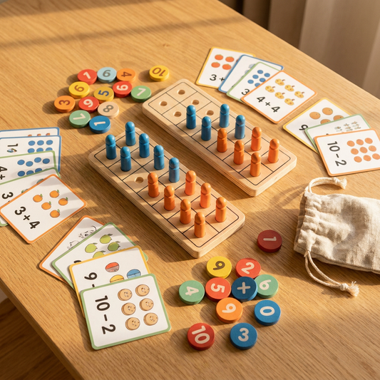 Planche des nombres en bois avec cartes, sur une table