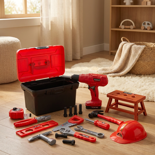 Coffret d'outils enfant avec perceuse, dans une chambre
