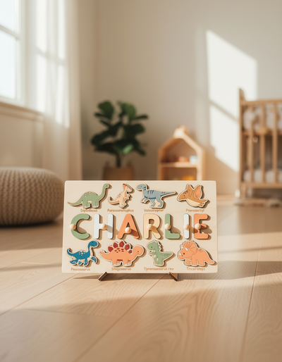 Puzzle prénom personnalisé en bois Montessori mis en scène dans une chambre d'enfant lumineuse — Les Petiots