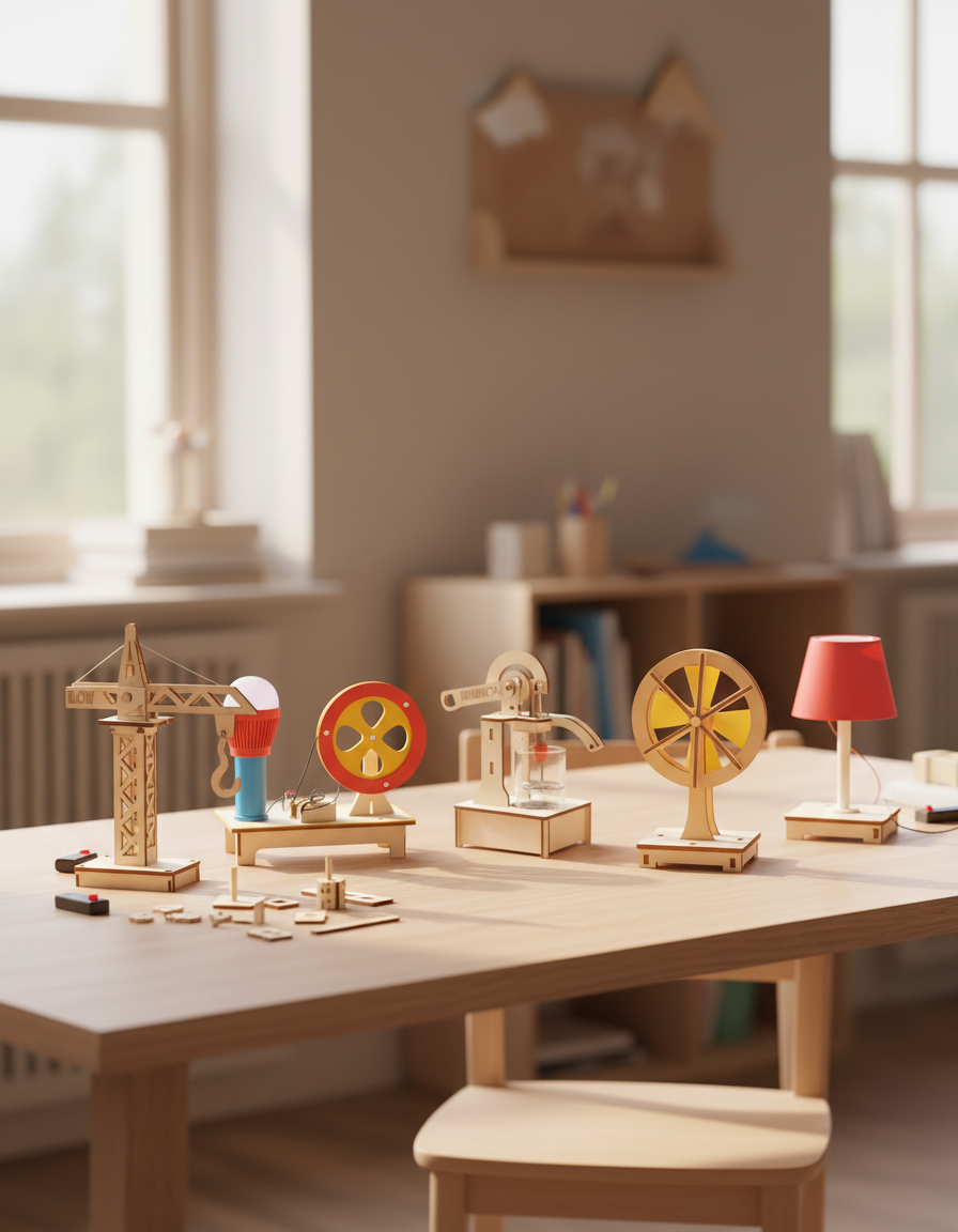 Kit construction STEM bois 100 pièces, montages scientifiques en bois mis en scène dans une chambre d'enfant lumineuse — Les Petiots