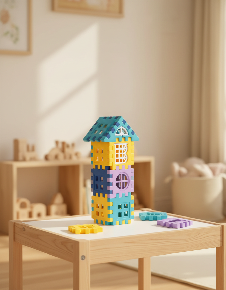ArchiBlocs créatifs, blocs de construction colorés assemblés dans une salle de jeux lumineuse — Les Petiots