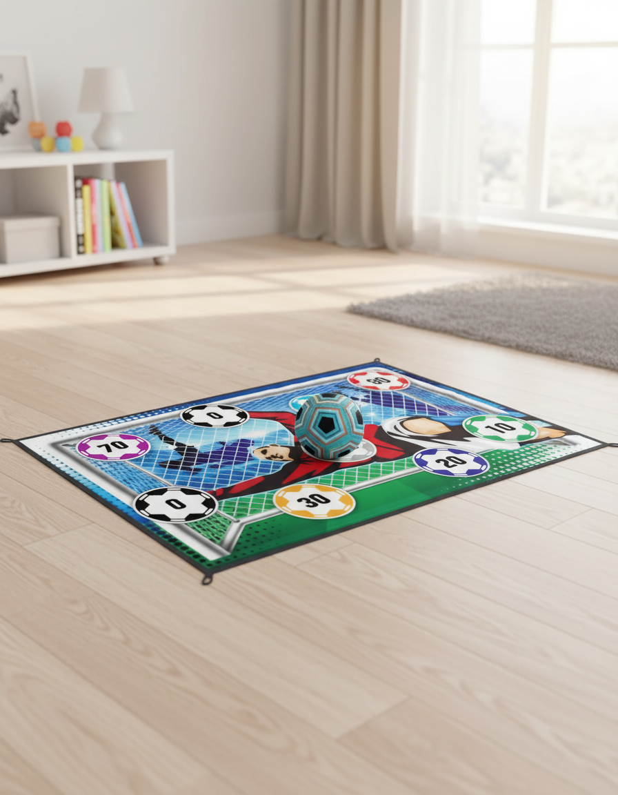 Tapis de football adhérent pour enfants, installé dans une salle de jeux lumineuse — Les Petiots