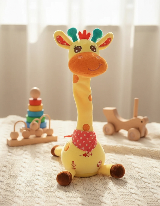 Peluche girafe musicale Les Petiots dans une chambre de bébé lumineuse