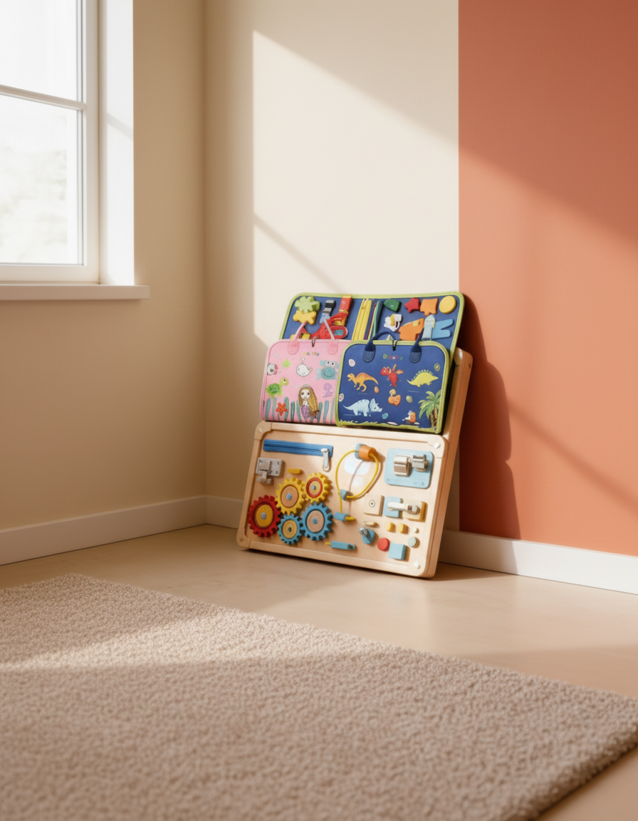 Planche d'activités Montessori en bois dans une chambre d'enfant lumineuse — Les Petiots