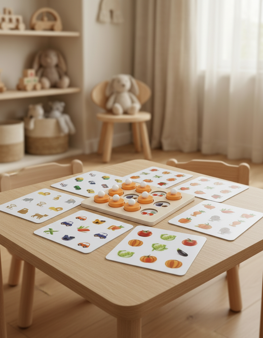 Puzzle mémoire en bois Montessori et ses tuiles sur une table lumineuse — Les Petiots