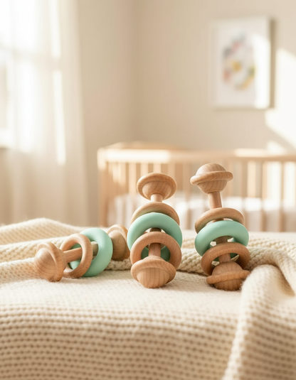Hochet bébé sensoriel Montessori sur une couverture en maille — Les Petiots