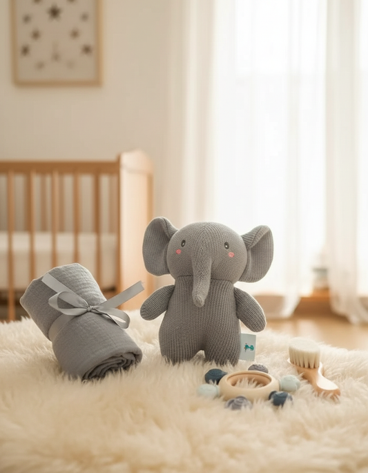 Ensemble cadeau naissance bain éléphant, présenté dans une chambre de bébé lumineuse — Les Petiots