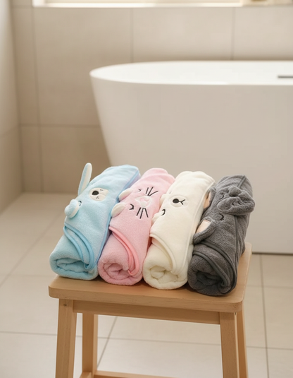 Capes de bain bébé à capuche pliées dans une salle de bain lumineuse — Les Petiots