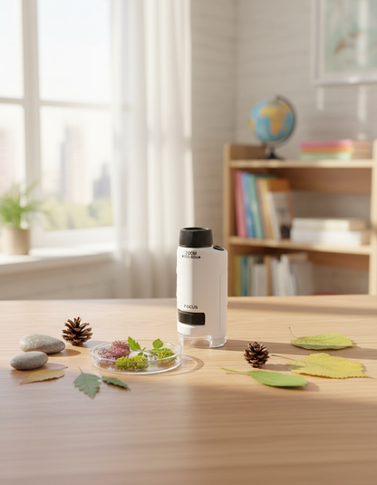 Microscope enfant 60-180x sur un bureau lumineux avec échantillons nature — Les Petiots