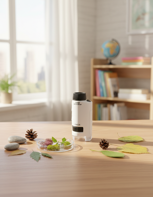Microscope enfant 60-180x sur un bureau lumineux avec échantillons nature — Les Petiots