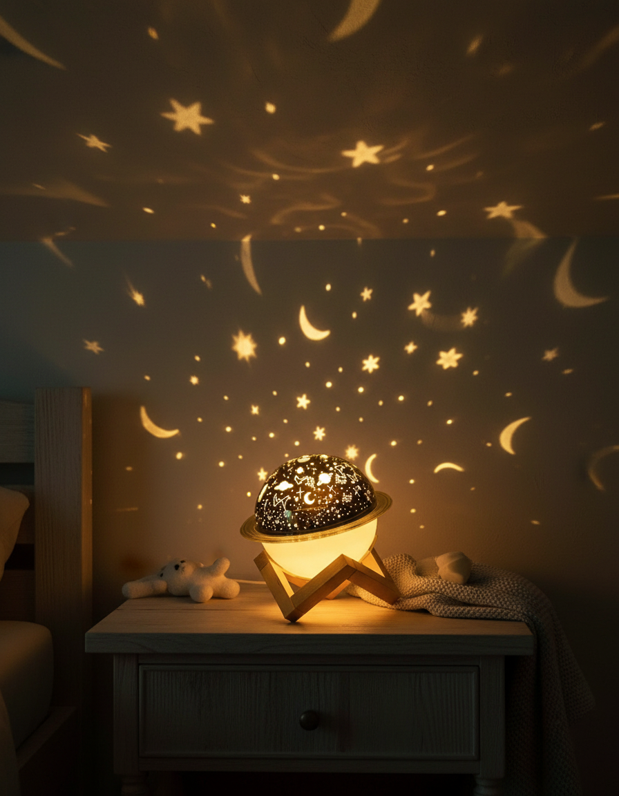 Veilleuse projecteur d'étoiles allumée dans une chambre de bébé la nuit — Les Petiots