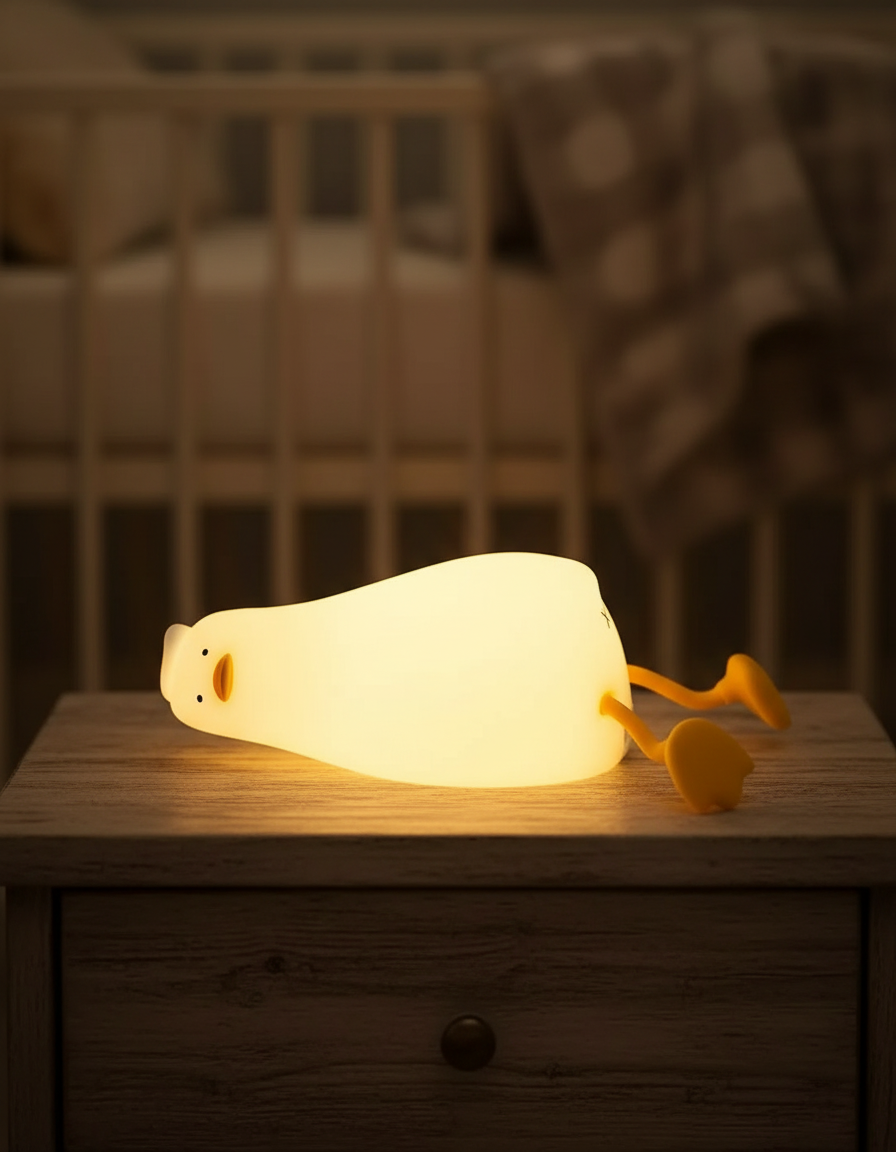Veilleuse canard bébé allumée sur une table de nuit — Les Petiots