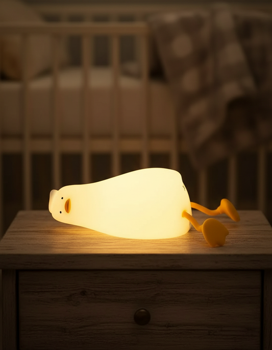 Veilleuse canard bébé allumée sur une table de nuit — Les Petiots