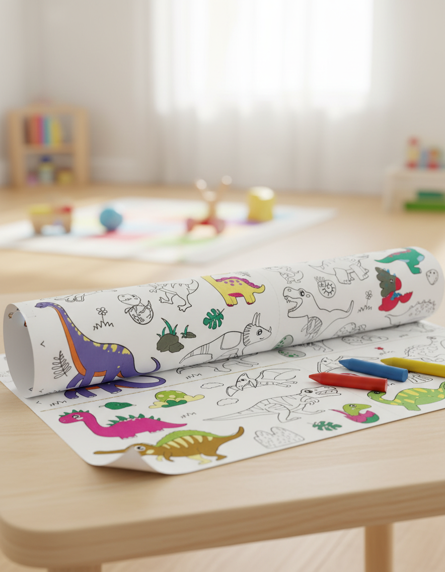 Rouleau à dessin enfant déroulé sur une table avec crayons — Les Petiots
