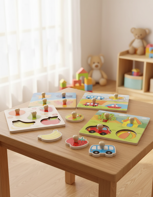 Puzzles bébé Montessori en bois sur une table lumineuse — Les Petiots