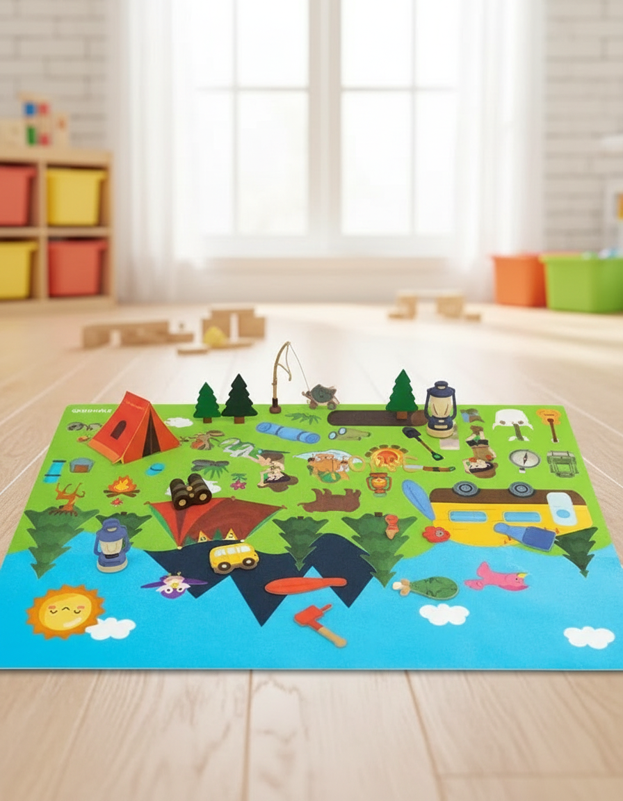 Jeu de camping enfants déployé dans une salle de jeux lumineuse — Les Petiots