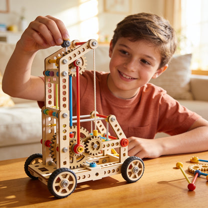 Enfant qui construit le Kit STEM en bois Les Petiots, loin des écrans