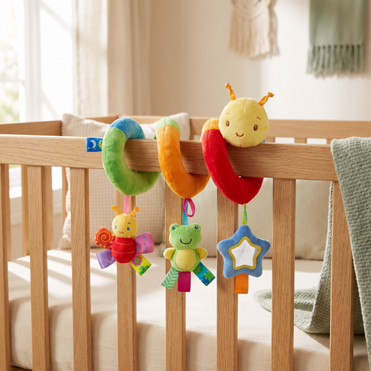 Spirale d'éveil colorée enroulée autour d'un barreau de lit bébé